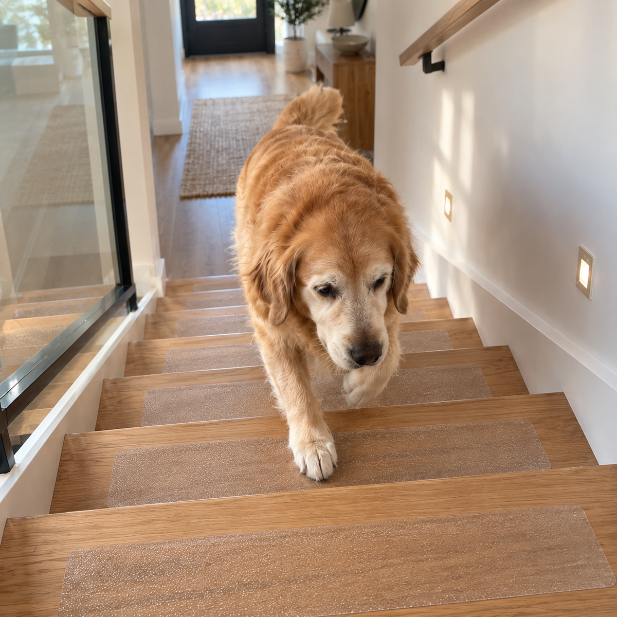 Dog walking down hardwood stairs with clear treads fitted