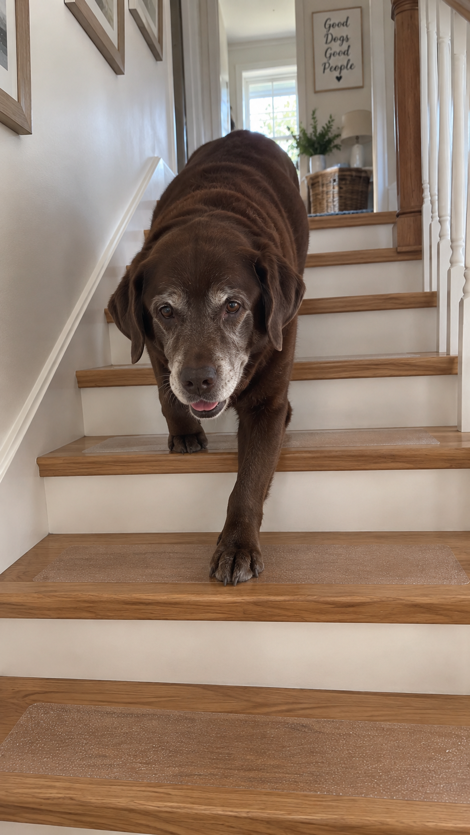 Dog walking down timber stairs fitted with SteadyStep grips