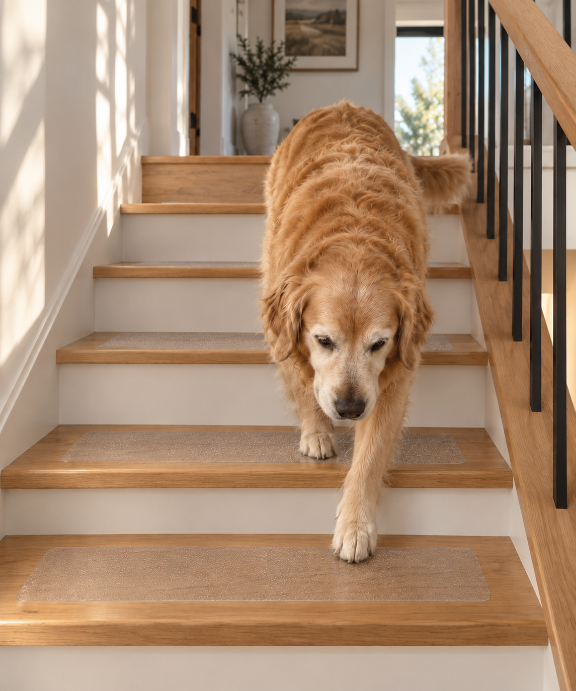 Dog walking down timber stairs fitted with SteadyStep grips