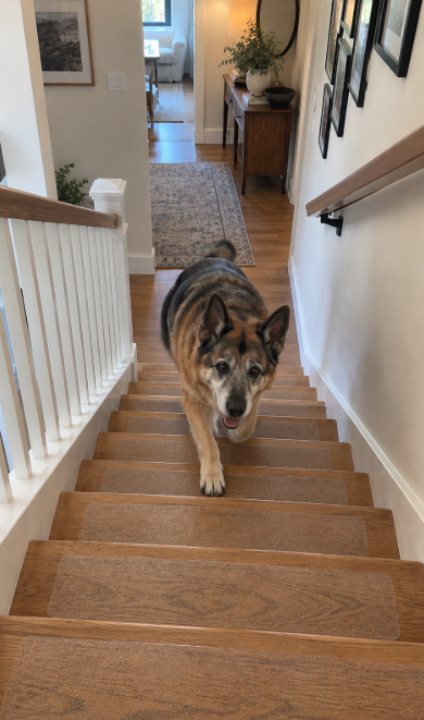 Dog walking down timber stairs fitted with SteadyStep grips