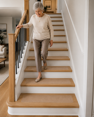 Older adult walking down stairs fitted with Stepwell grips